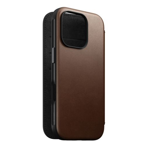 Custodia in pelle marrone per smartphone, chiusa.