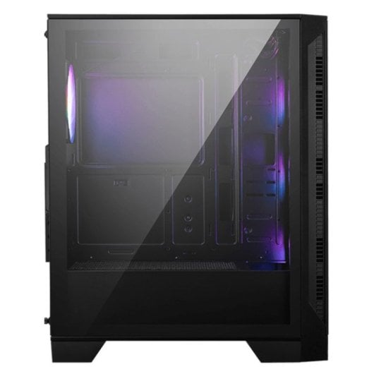 Case per computer nero con finestra in vetro e ventole RGB.