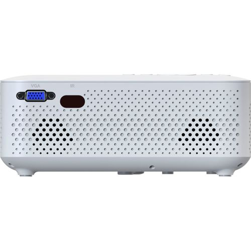 Un proyector blanco con puertos VGA e IR y rejillas de ventilación.