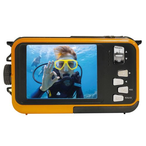 Orange Digitalkamera zeigt Taucher mit gelber Maske unter Wasser.