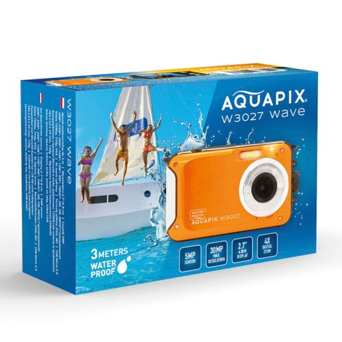 Verpackung einer orangefarbenen Aquapix W3027 Digitalkamera, die 3m wasserdicht ist.