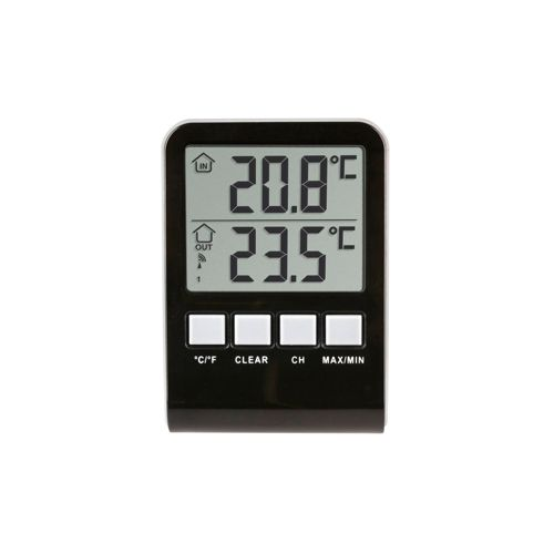 Digitalthermometer zeigt 20,8°C innen und 23,5°C außen an.
