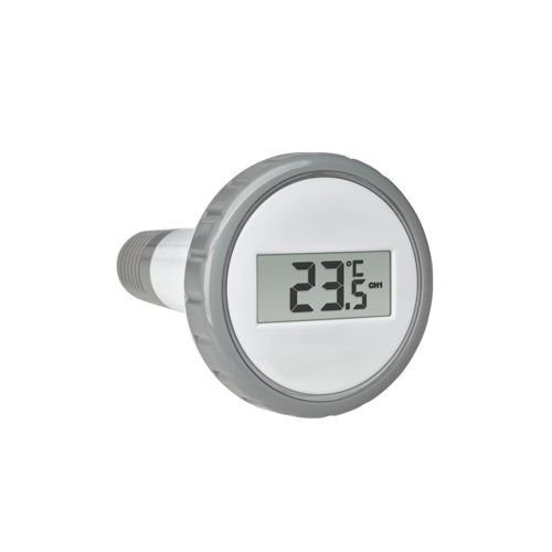 Ein digitaler Thermometer mit grauen und weißen Elementen, zeigt 23,5°C.