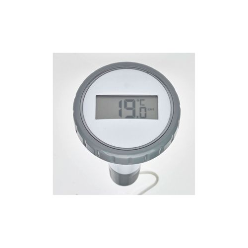 Digitalthermometer zeigt 19,6 Grad Celsius an, mit einem grauen Ring und weißem Gehäuse.