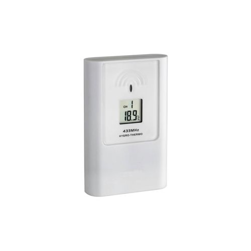 Ein weißes digitales Thermometer mit LCD-Anzeige für Temperatur und Kanal.