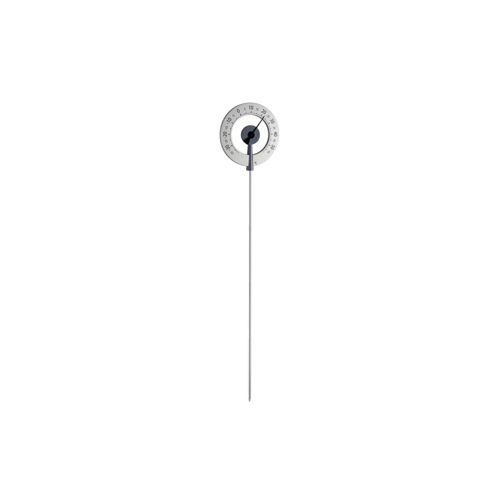 Ein runder Thermometer mit Metallschaft und schwarzer Nadel.