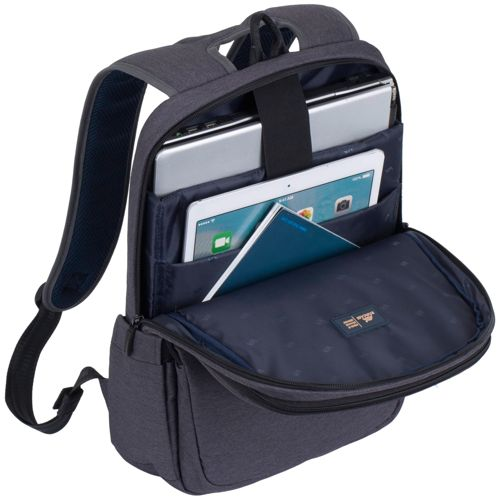 Zaino grigio scuro aperto, mostra laptop, tablet e taccuino all'interno.