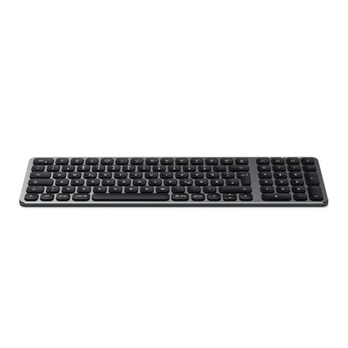 Eine schlanke, graue Tastatur mit schwarzen Tasten und einem Ziffernblock.