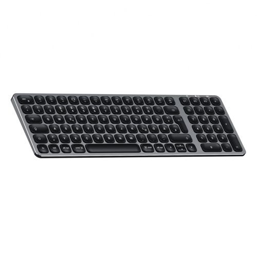 Ein schlankes, graues kabelloses Tastatur-Layout mit schwarzen Tasten.
