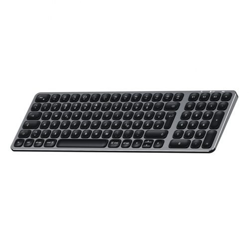 Eine schlanke, graue Tastatur mit schwarzen Tasten und Nummernblock.