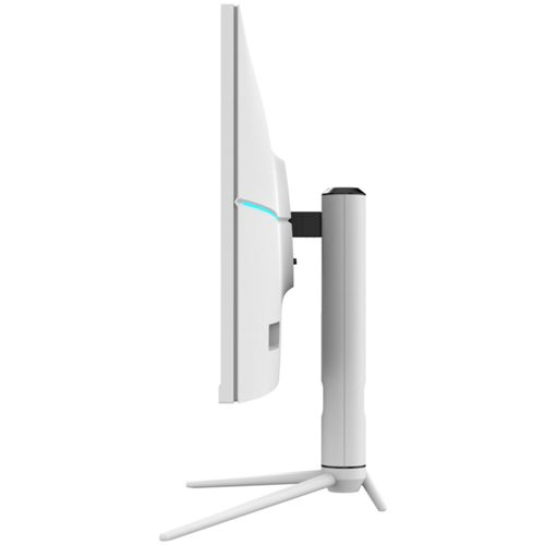 Ein weißer Computermonitor mit einem schlanken Ständer, von der Seite gesehen.