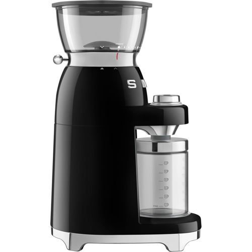 Molinillo de café negro con depósito de granos transparente y contenedor.