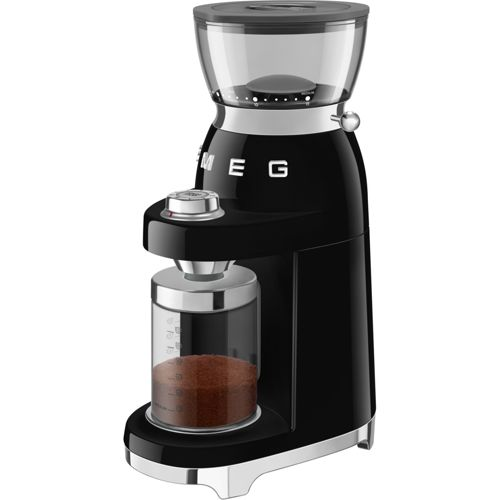 Molinillo de café SMEG negro con recipiente de cristal para café molido.