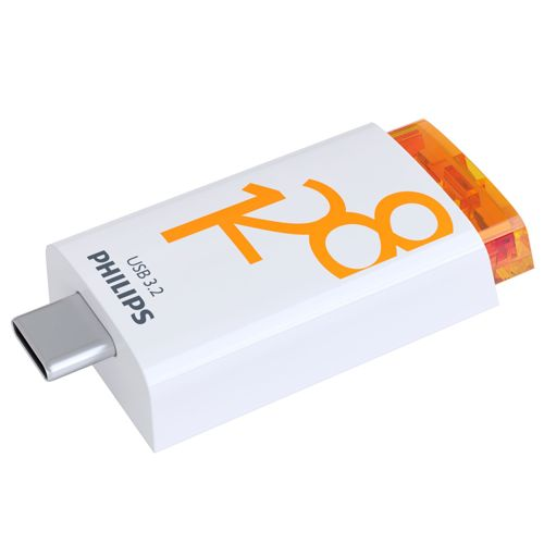 Biały pendrive USB-C z pomarańczowym logo Philips i pomarańczowym złączem.