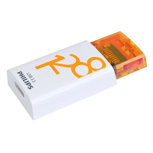 Biało-pomarańczowy pendrive Philips USB 3.2, z częściowo wysuniętym pomarańczowym złączem, na białym tle.