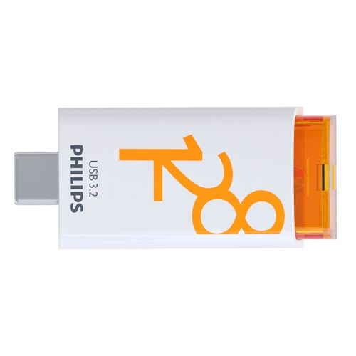 Biały pendrive z pomarańczowym napisem 128 i logo USB 3.2.