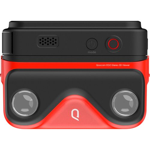 Ein rotes und schwarzes 3D-Kameragerät mit zwei Objektiven und Knöpfen.