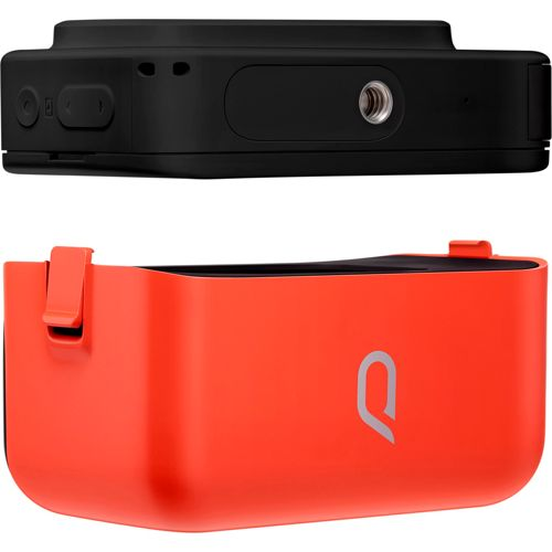 Schwarze Kamera oben, orange Hülle unten. Beide zeigen Seitenansichten.