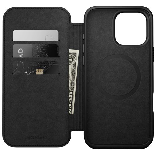 Custodia nera per iPhone con slot per carte, banconota e anello magnetico.