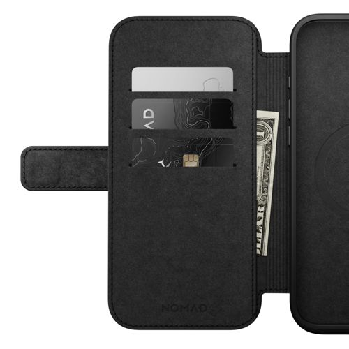 Portafoglio nero con slot per carte e una banconota.