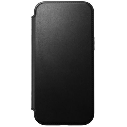 Custodia nera in pelle per smartphone, chiusa.