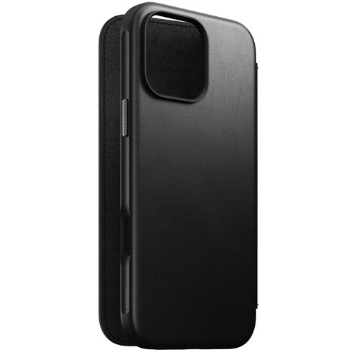 Custodia nera per iPhone con supporto integrato e ritaglio fotocamera.