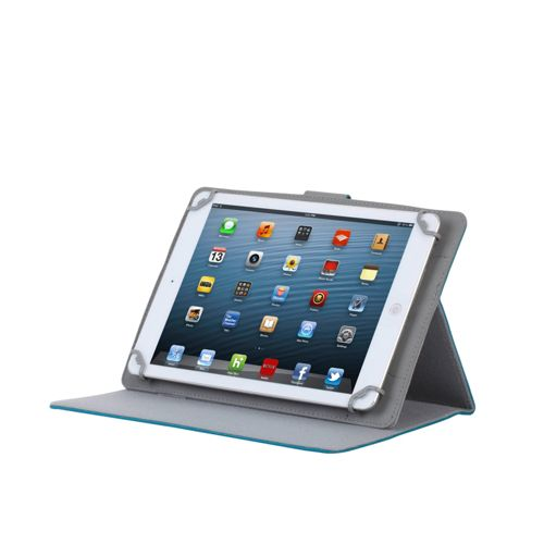 Un tablet in una custodia grigia con bordo blu, su sfondo bianco.