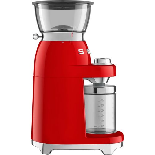 Molinillo de café rojo con recipiente de vidrio y tolva de granos transparente.