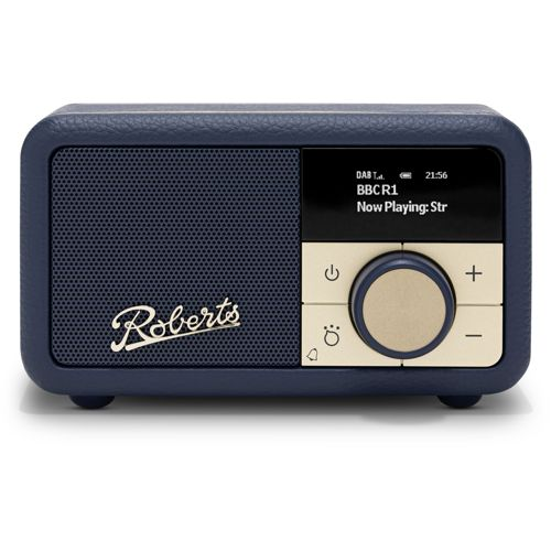 Una radio Roberts blu scuro con manopola dorata e schermo.