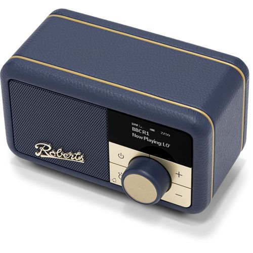 Una radio Roberts blu scuro con finiture dorate e pulsanti di controllo.