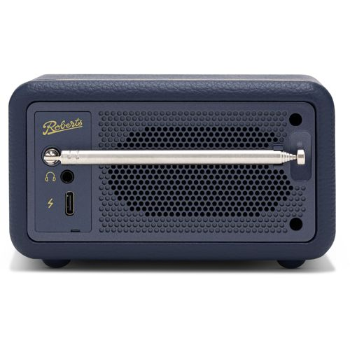Radio blu scuro con antenna estensibile, jack per cuffie e porta USB.