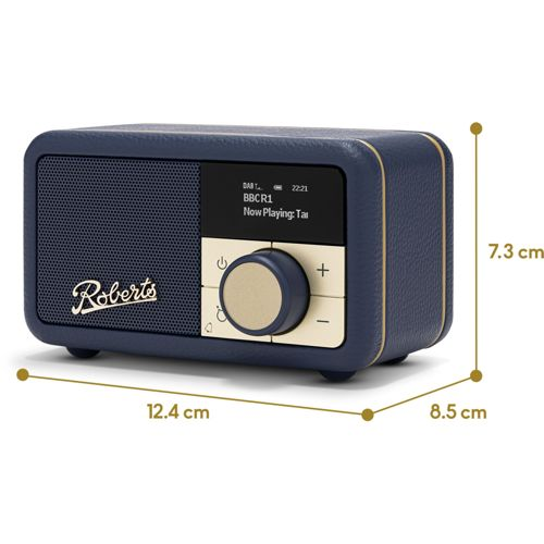 Una radio Roberts blu scuro con finiture e controlli dorati. Dimensioni mostrate.
