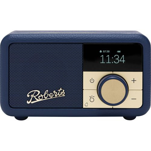 Una radio Roberts blu scuro con display digitale e pulsanti di controllo.