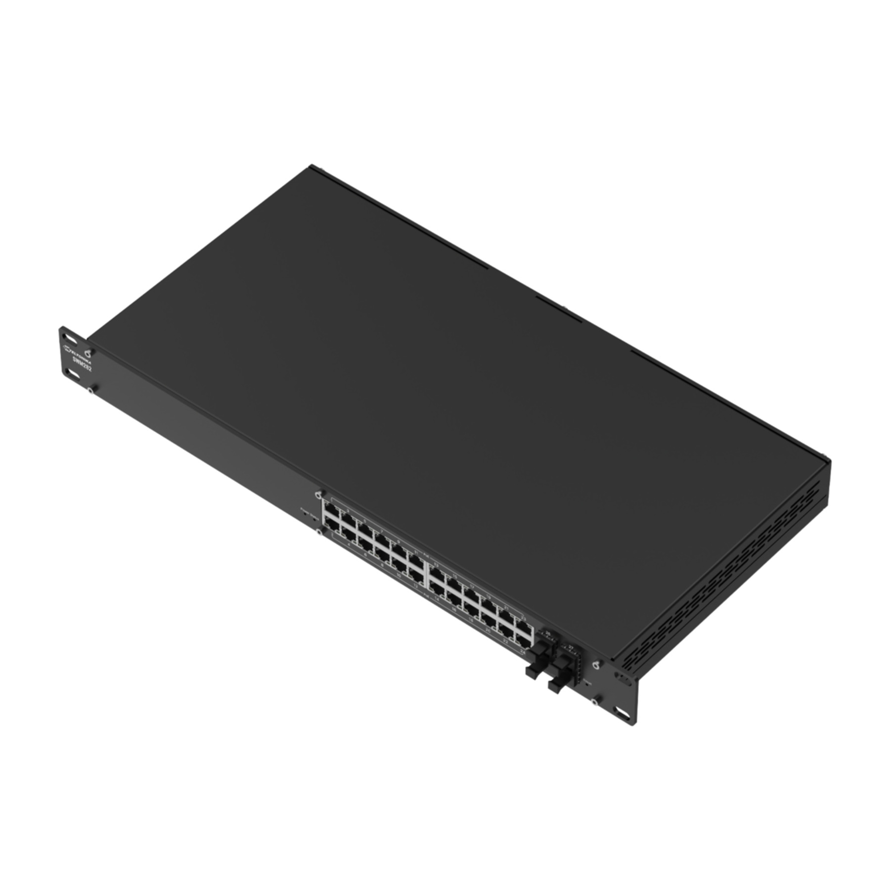Schwarzer Netzwerk-Switch mit 24 Ports und mehreren Anschlüssen auf der Vorderseite.