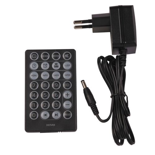Black remote control and power adapter with cable and plug on white background.