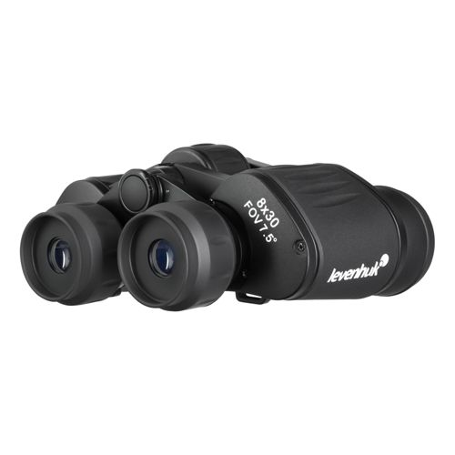 Binocolo Levenhuk nero 8x30 con FOV 7.5 gradi, su sfondo bianco.