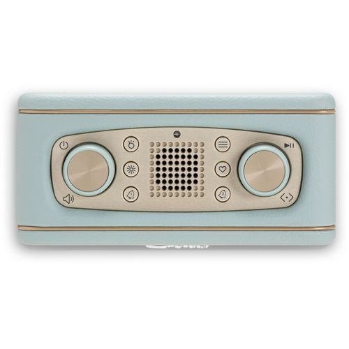 Ein hellblaues Retro-Radio mit goldenen Akzenten und Bedienelementen.