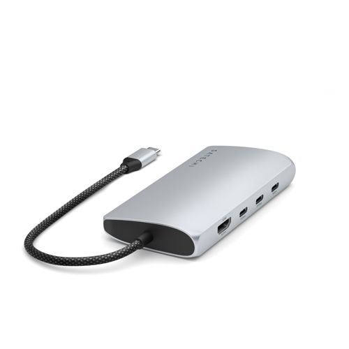 Hub USB-C argentato con slot HDMI, USB e schede SD. Design cablato.
