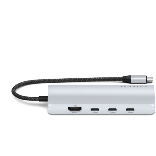 Hub USB-C argento con porte HDMI, 100Gbps e 5Gbps.