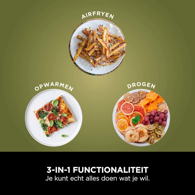Trois assiettes de nourriture : frites, part de pizza et fruits secs.