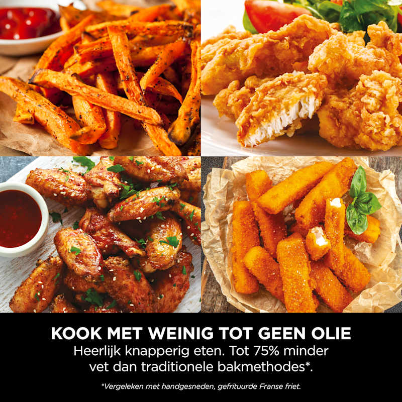 Quatre plats : frites, poulet, ailes et bâtonnets. Cuire avec peu ou pas d'huile.