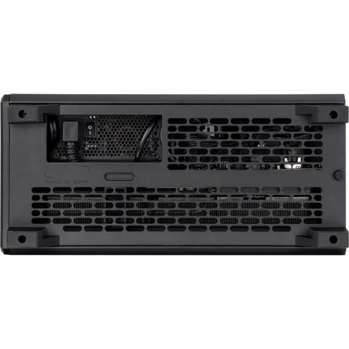 Il retro di un case per computer nero con prese d'aria e interruttore.