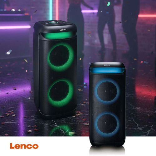 Due altoparlanti Lenco neri con luci verdi e blu su un pavimento scuro e riflettente.
