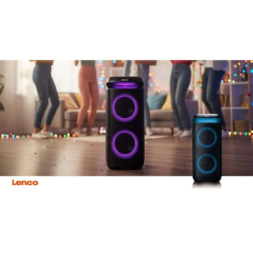 Due altoparlanti Lenco con luci viola e blu a una festa con persone che ballano sullo sfondo.