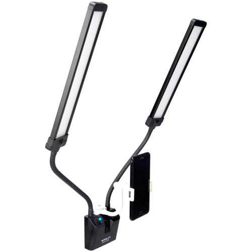Zwei LED-Leuchten mit flexiblen Armen, die an einem Smartphone-Halter befestigt sind.