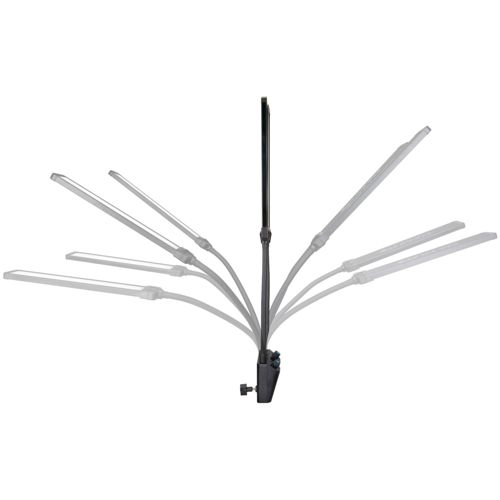 Eine schwarze, verstellbare LED-Pflanzenlampe mit mehreren Armen auf weißem Grund.