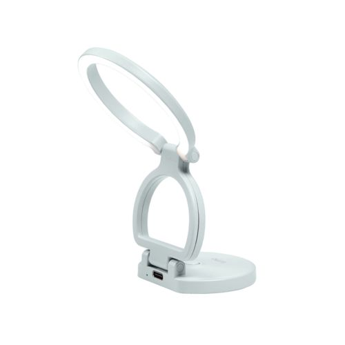 Une lampe de bureau moderne et pliable avec un anneau lumineux et un port de chargement USB.