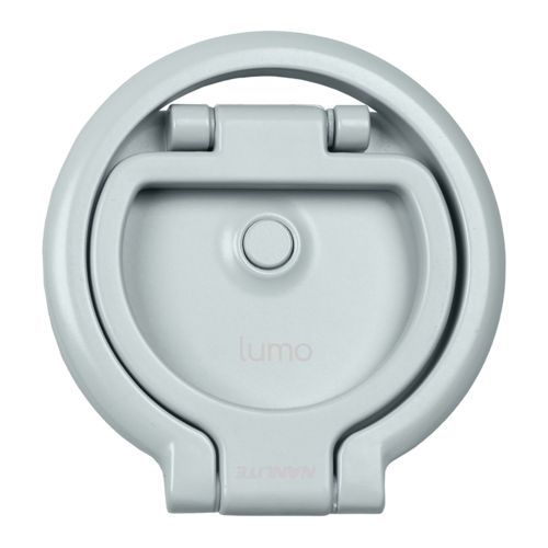 Un porte-objet rond gris avec mécanisme à rabat et logo 'lumo'.