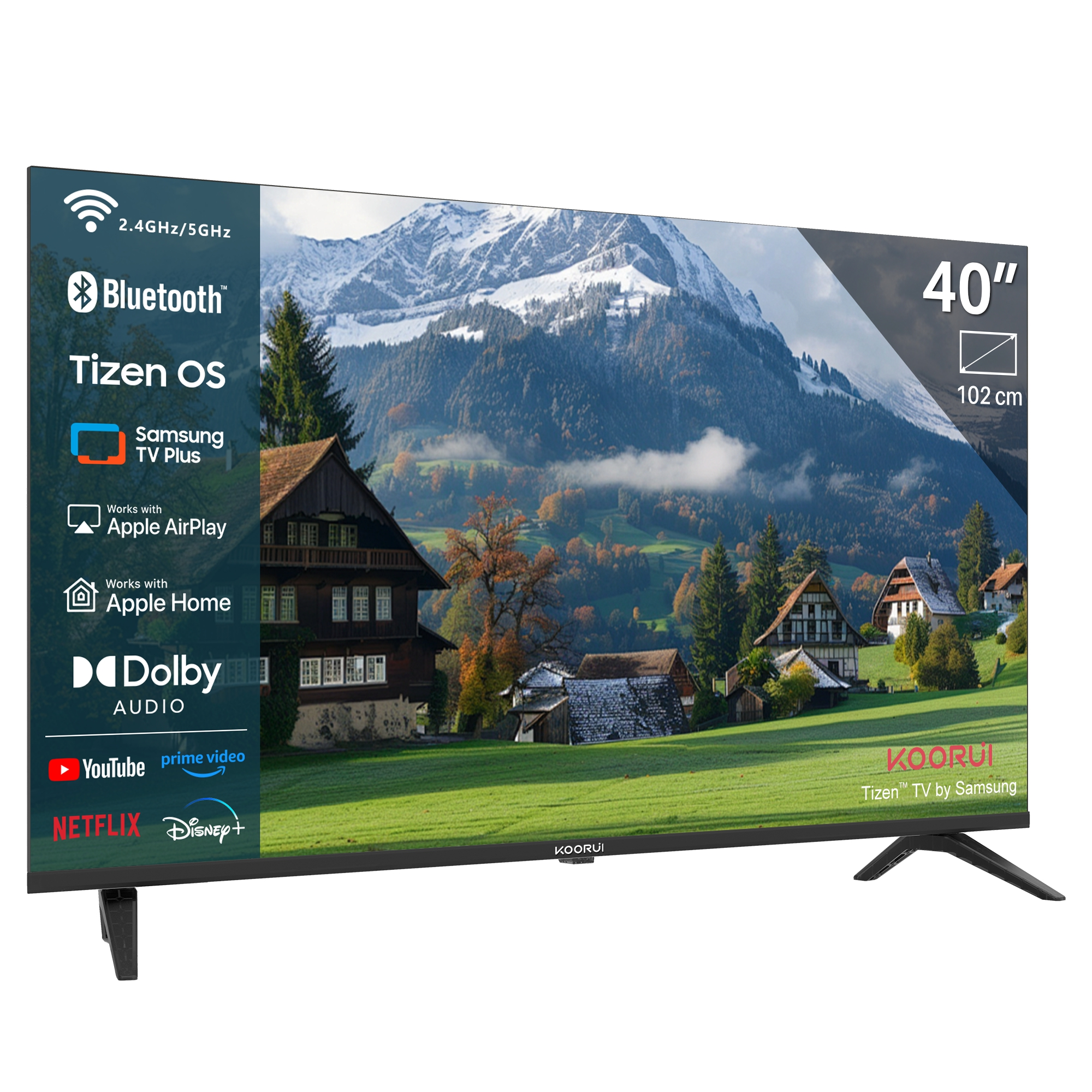 A 40-inch TV displaying a mountain landscape, with Tizen OS logo on the side.
