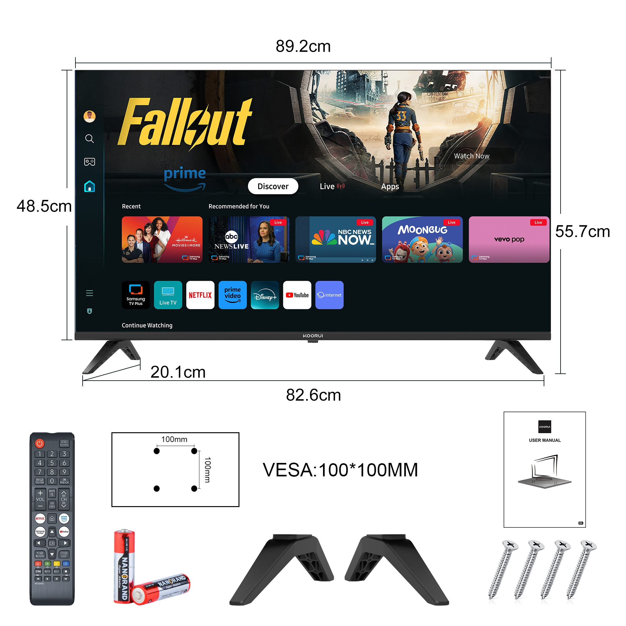 Ein moderner Fernseher mit Ständer, Fernbedienung, Batterien, VESA-Halterung und Handbuch.